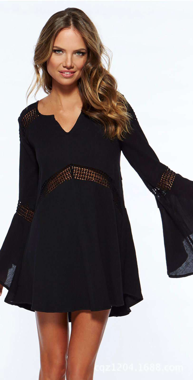 F4386-1Black Long Bell Sleeves Hollow-out Beach Tunic